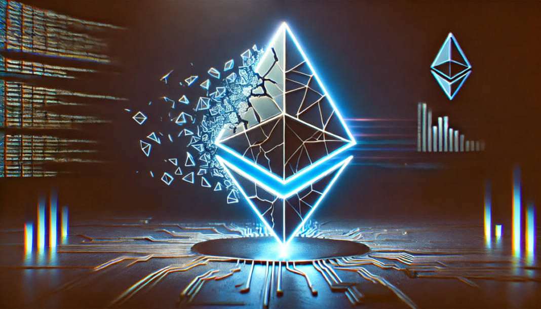 DALL·E-2025-02-24-09.39.02-A-futuristic-Ethereum-logo-being-hacked.-The-logo-is-cracked-glitching-and-disintegrating-with-digital-distortions.-The-background-is-modern-and-min.png